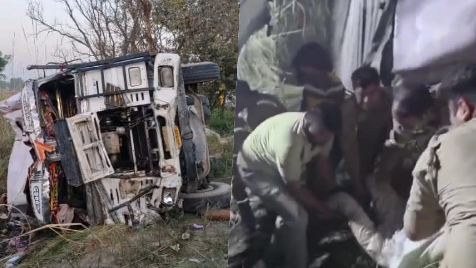Six dead and several injured in a collision between a bus and truck in Hapur.