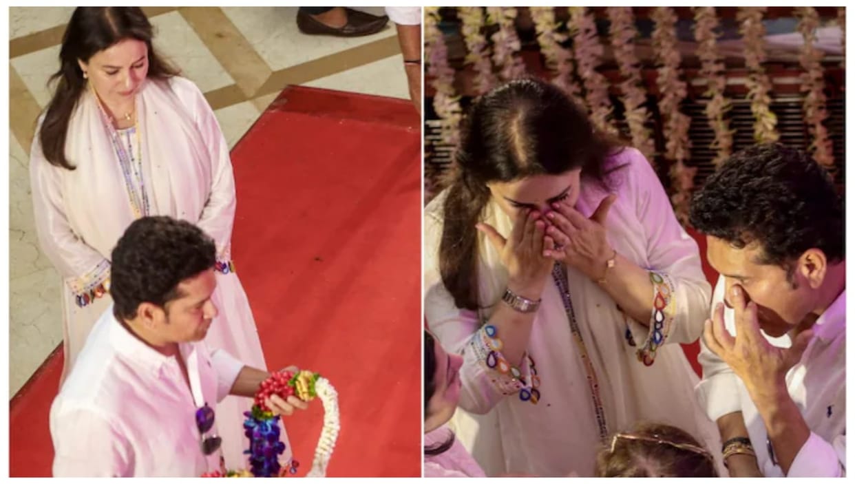 Indian cricket legend Sachin Tendulkar was seen in tears during Asha Bhosle's last rites in Mumbai