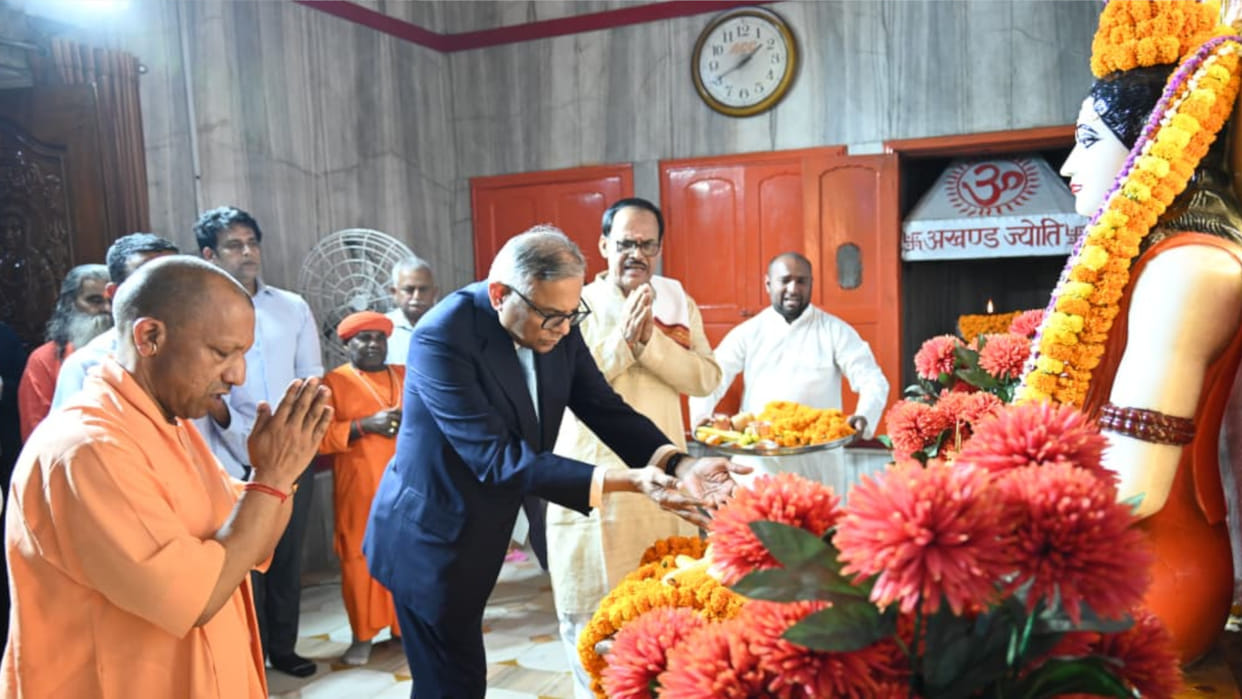 Gorakhpur, Tata Sons Chairman N. Chandrasekaran visits Gorakhnath Temple; offers prayers alongside CM Yogi.