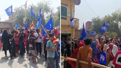 हंगामे के दाैरान भीम आर्मी के कार्यकर्ता और स्थानीय लोग।