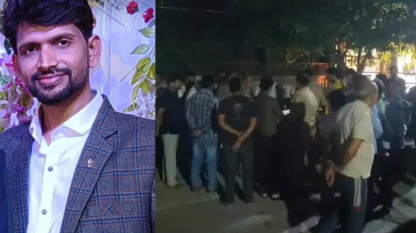 मृतक की फाइल फोटो और अस्पताल में लगी भीड़