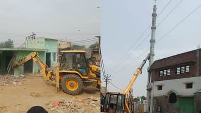 Bulldozer Action in Sambhal: Illegal Mosque Razed to Ground Ahead Friday Prayers; Minaret Demolished Crane
