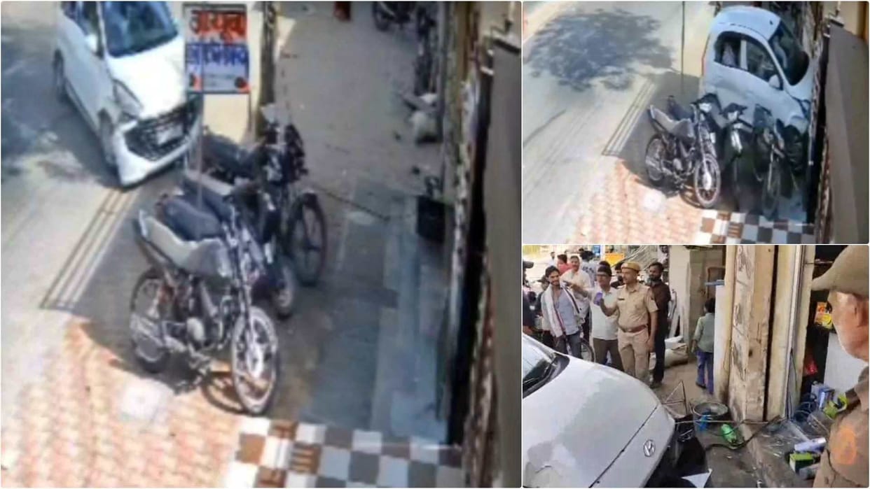 Rampage by Speeding Car: Vehicle Crashes into Shop After Hitting Several Bikes in Jhunjhunu; Driver Flees