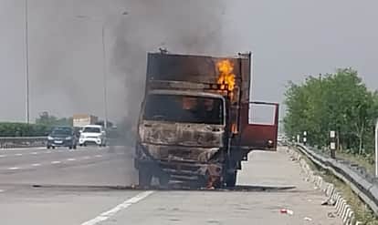 Tempo catches fire on Eastern Peripheral Expressway in Baghpat, driver jumps out to save life
