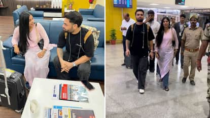 एयरपोर्ट से बाहर निकलते बल्लेबाज रिंकू सिंह और सांसद प्रिया सरोज।