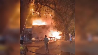 massive fire broke out in a three-storey building near Patrika intersection, causing loss worth lakhs.