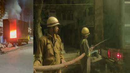 A container full of parcels caught fire