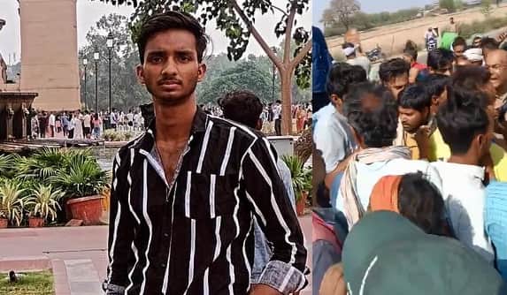 मृतक की फाइल फोटो और घटनास्थल पर लगी भीड़