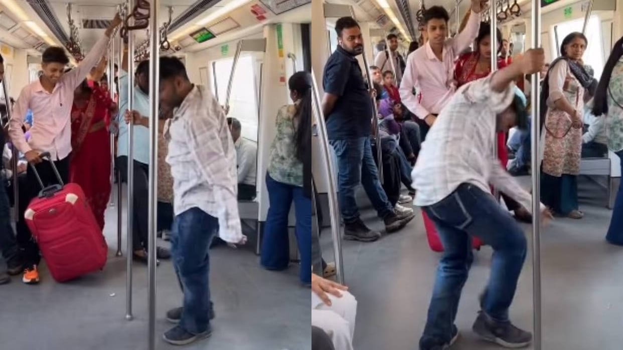 Delhi metro viral pole dance video man strange acts passengers video