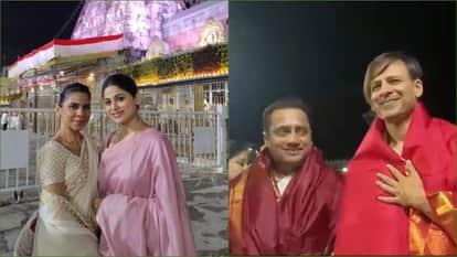Actor Vivek Oberoi and Shamita Shetty offer prayers at Sri Venkateswara Swamy Temple in Tirumala