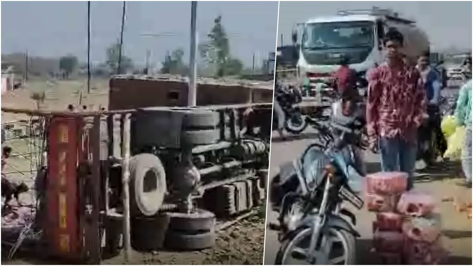 कोल्ड्रिंक से भरा ट्रक पलटा, मदद की बजाए लूटने पहुंचे लोग