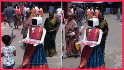 Robot dressed in a sari greets voters at a polling station in Tamil Nadu Viral Video
