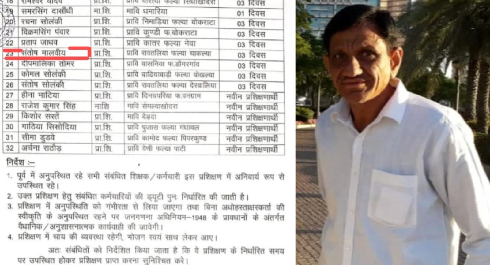 मृतक शिक्षक संतोष मालवीय का फाइल फोटो व तहसीलदार द्वारा जारी आदेश की कॉपी।