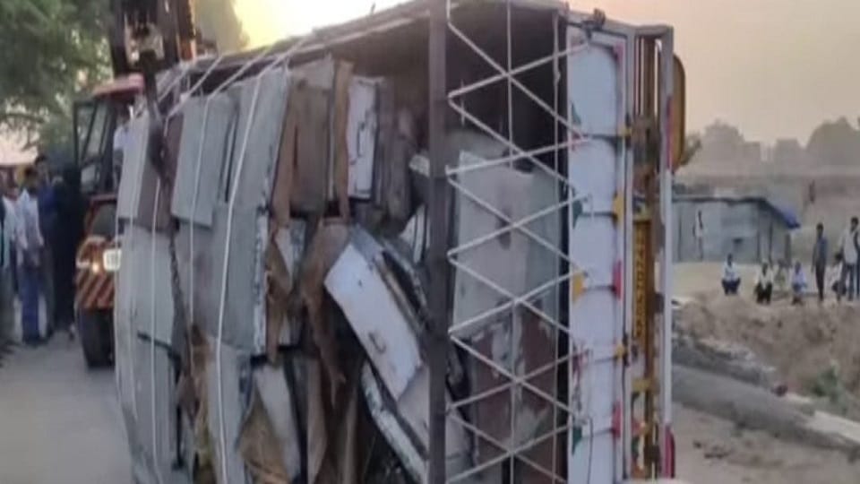 Truck loaded with bees overturns