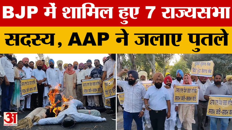 BJP में शामिल हुए 7 राज्यसभा सदस्यों के खिलाफ Punjab में AAP का जोरदार प्रदर्शन, जलाए पुतले
