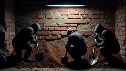 Thieves digging under a brick wall and stealing copper scrap in Bareilly