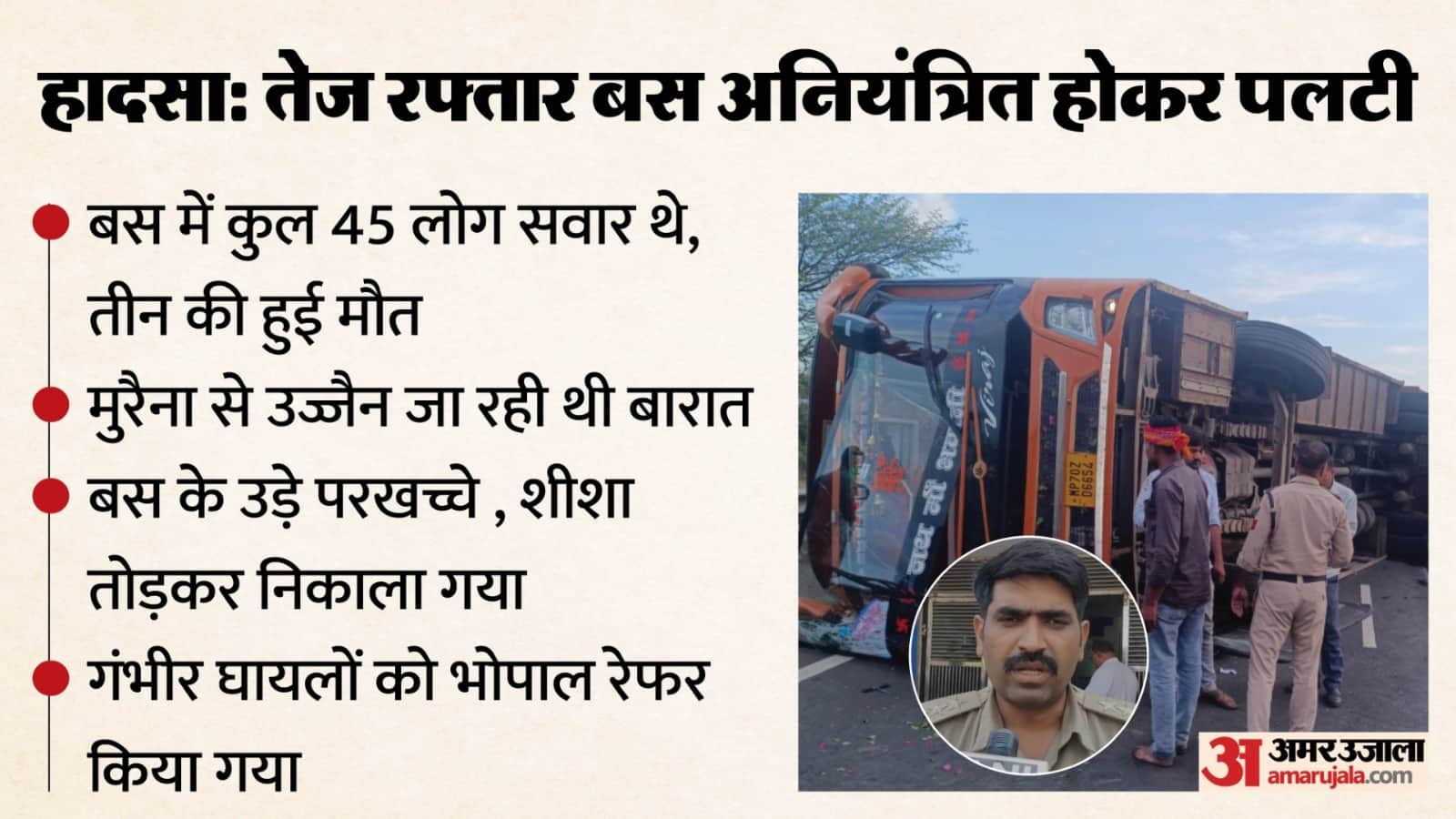 बस हादसा: तीन की मौत 26 बाराती घायल, दुर्घटनास्थल की तस्वीर।
