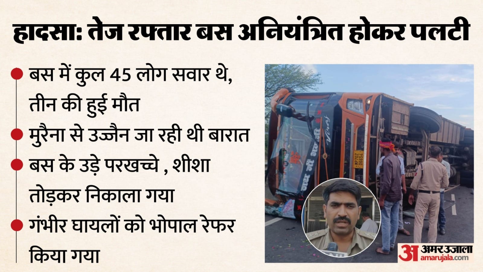 बस हादसा: तीन की मौत 26 बाराती घायल, दुर्घटनास्थल की तस्वीर।