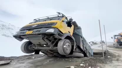 Truck left dangling in mid air after road collapses on Darcha Shinkula Padum route; watch video.