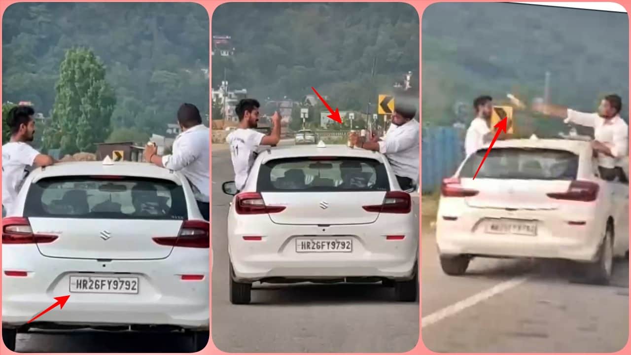 कार से बाहर लटककर बीयर पीते पर्यटक।