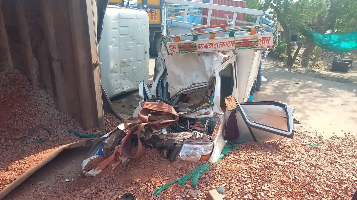 Horrific Road Accident in Jhajjar Gravel-Filled Container Overturns onto Pickup Truck