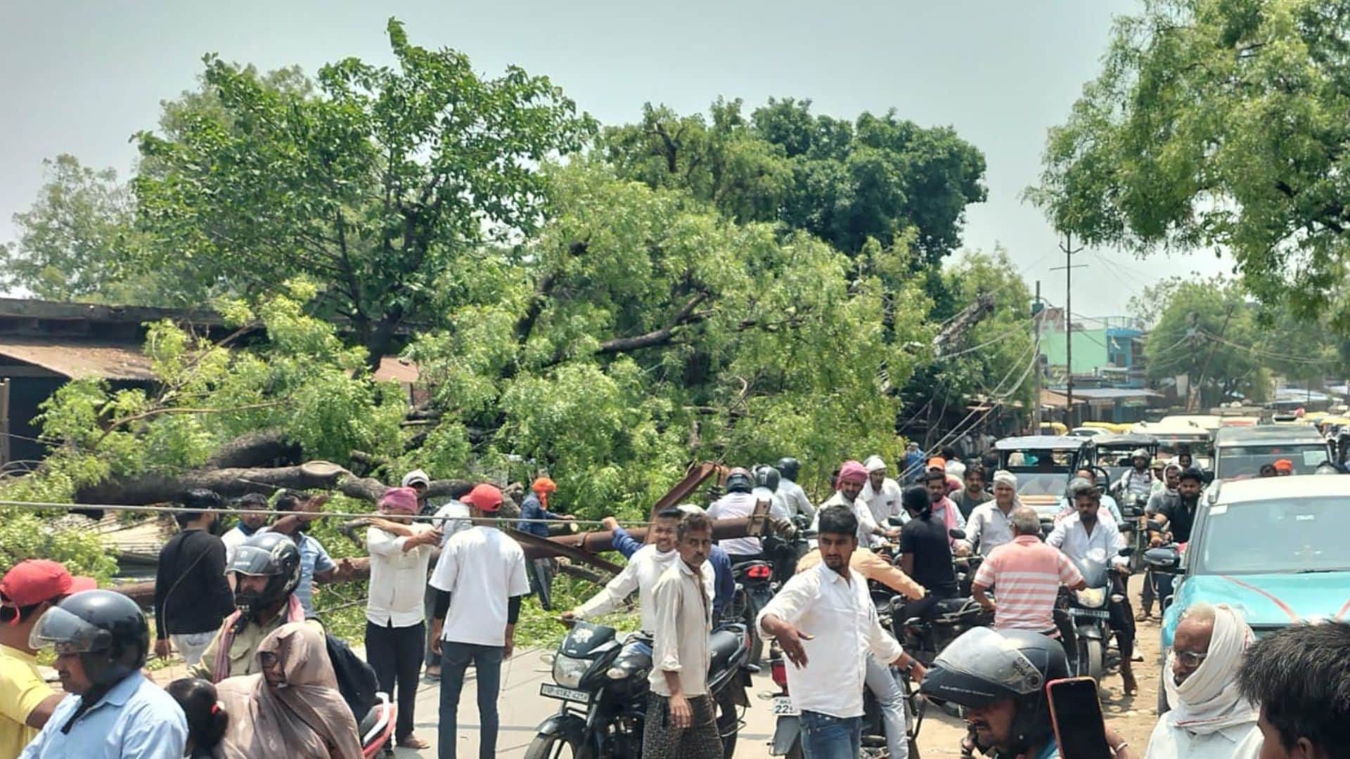 पिंडरा बाजार में गिरा बिजली का खंभा।