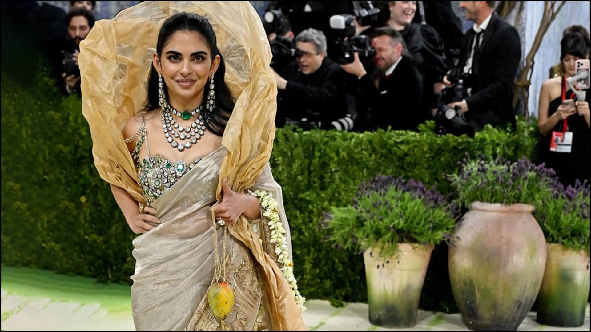 Isha Ambani Met Gala 2026 look Photos Outfit Jewellery Mango Bag Detailing