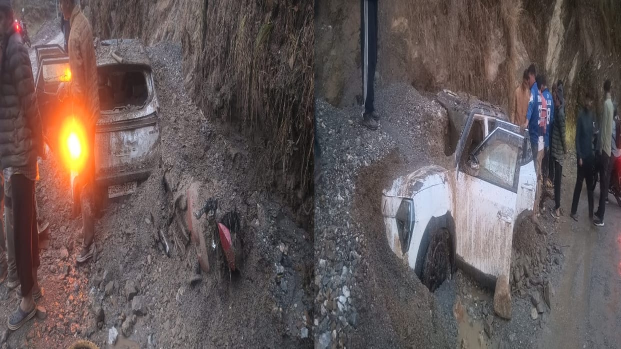 Debris Falls on Car and Two Bikes on Sangrah Renukaji Road; Four People Have a Narrow Escape
