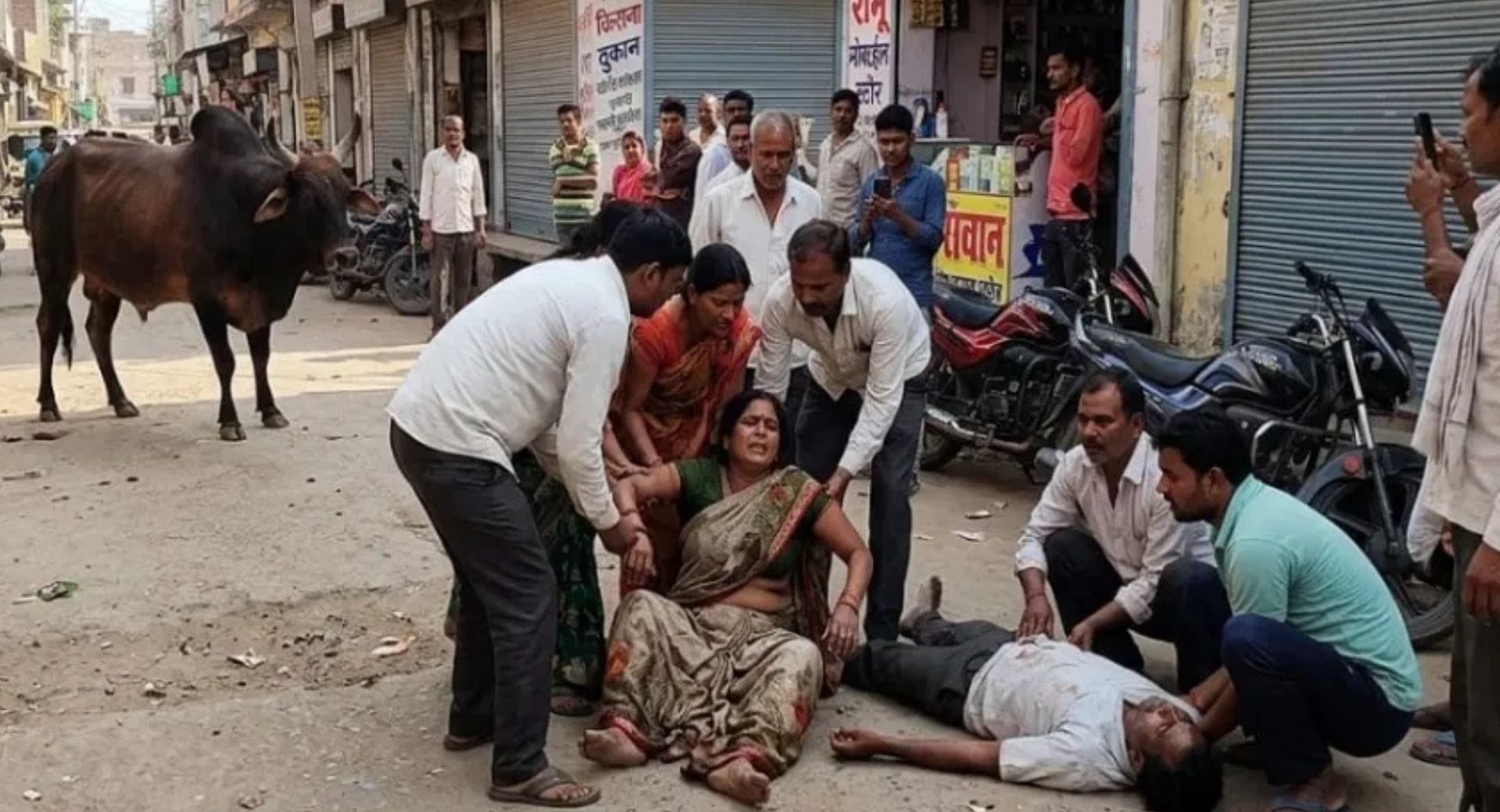 सांड के हमले के बाद महिला को उठाते परिजन