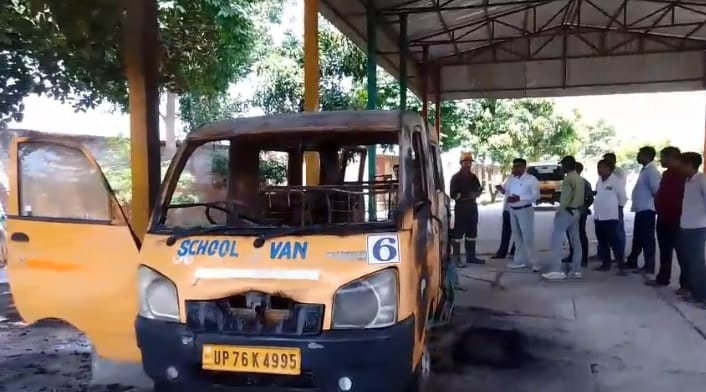 Farrukhabad School Van Turns into Ball of Fire Vehicle Engulfed in Flames Van Was Empty at Time of Incident