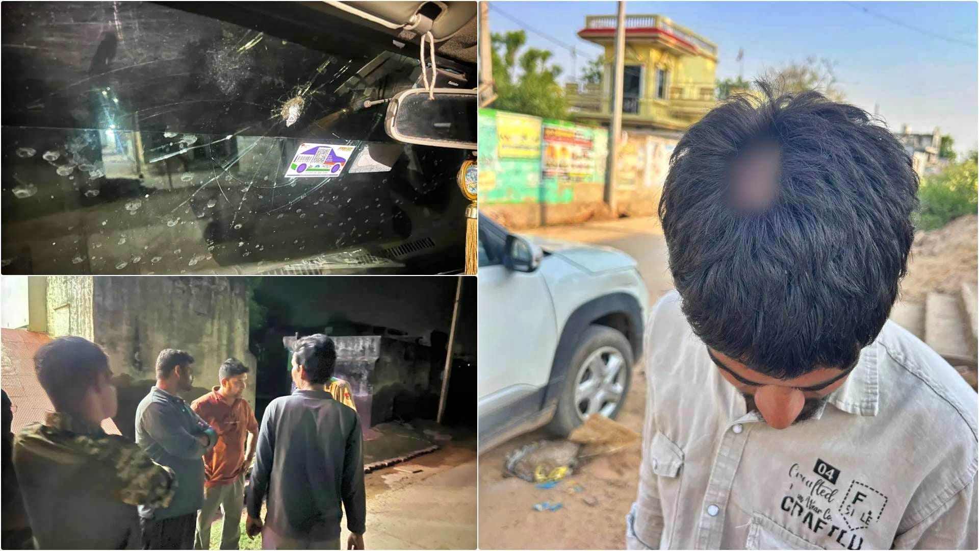 कुतीना गांव में फायरिंग की घटना के बाद क्षतिग्रस्त वाहन, बाल-बाल बचे युवक