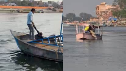 यमुना में डूबे लोगों को बचाते नाविक।