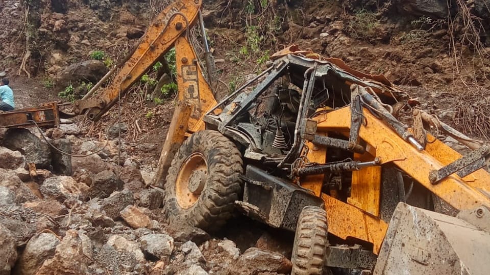 Accident on Pauri Highway JCB engaged in widening work near Satpuli plunges nto deep gorge driver dies