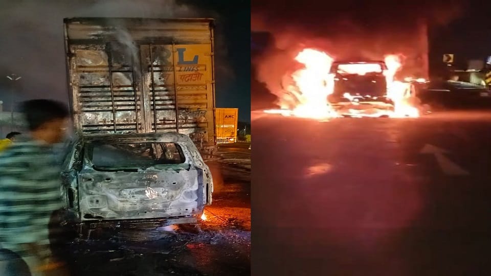 Scorpio catch fire after crashes into Truck on Highway in Mathura Three Students Injured