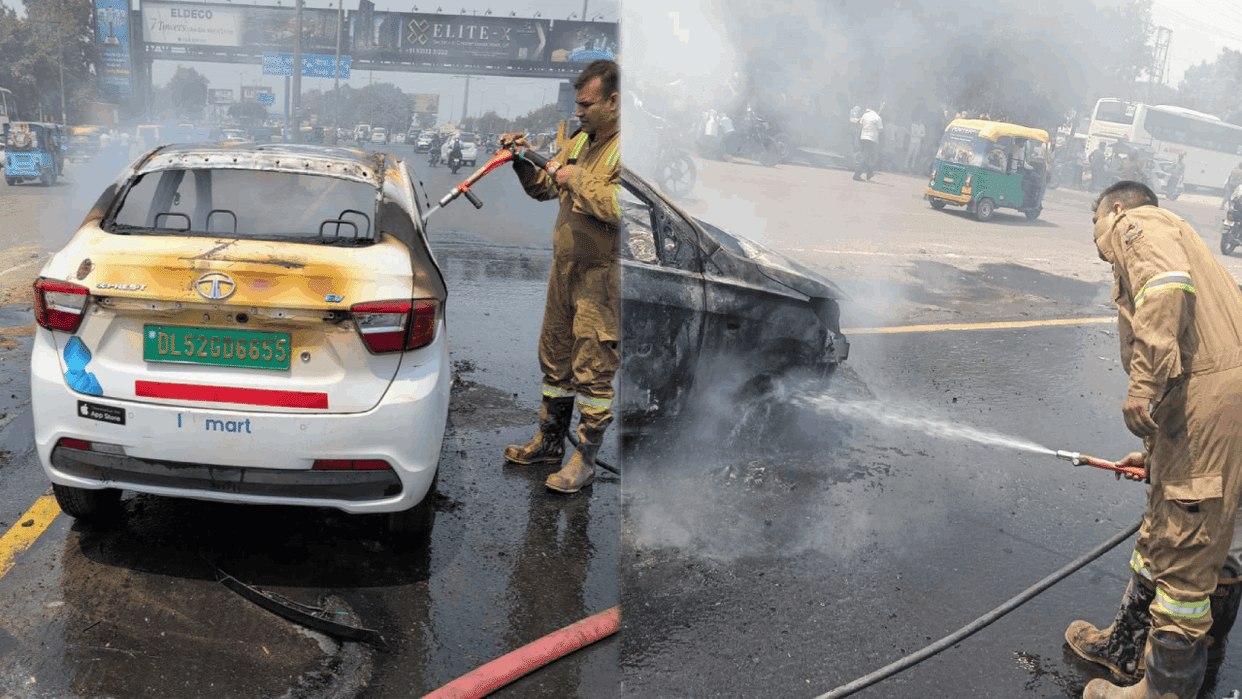 Massive Fire Engulfs Moving Electric Car in Greater Noida