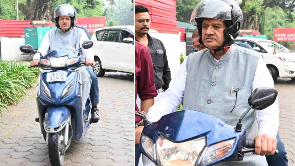 Uttarakhand Minister Ganesh Joshi Spreads Message of Fuel Conservation Rides Scooter to Camp Office