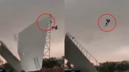 Uttar pradesh man flying along with tin shed in bareilly in massive storm viral video