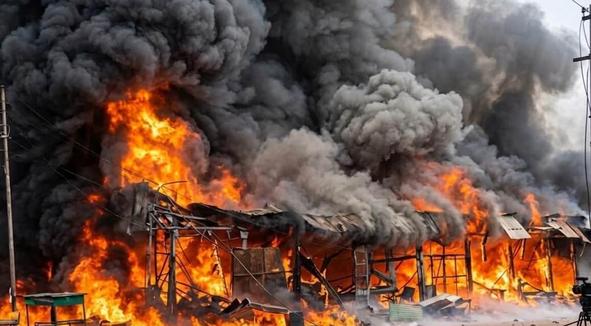 Kanpur Chakarpur Mandi Fire Smoke of Death Visible from 10 km Away Area Rocked by Seven Cylinder Explosions
