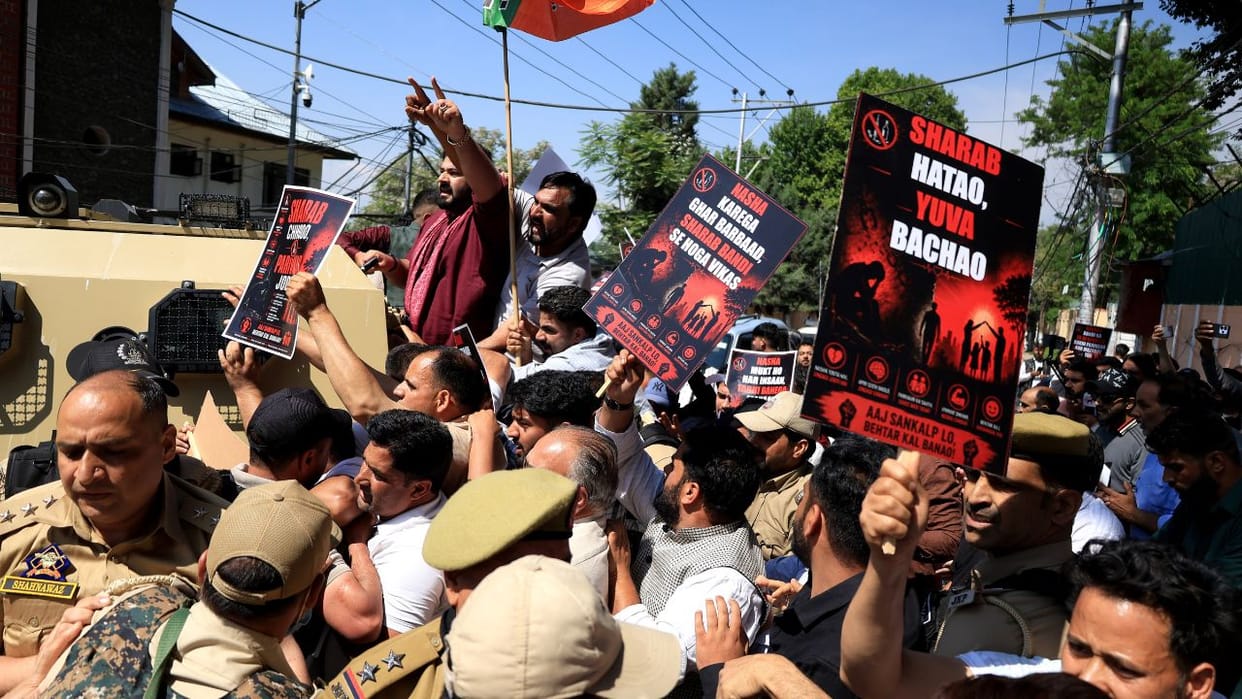 BJP holds protest demanding liquor ban in police detain leaders briefly Srinagar