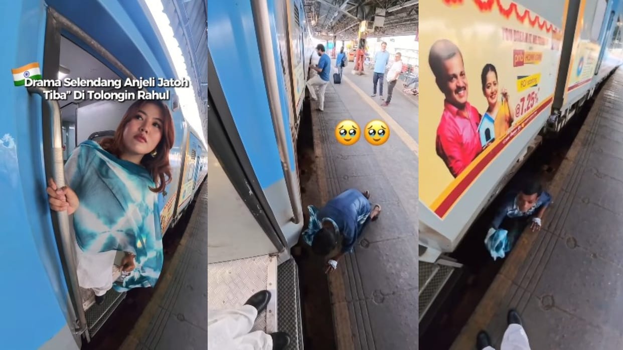 Indonesian womans scarf falls on railway tracks Indian man risks his life to pull it out video goes viral