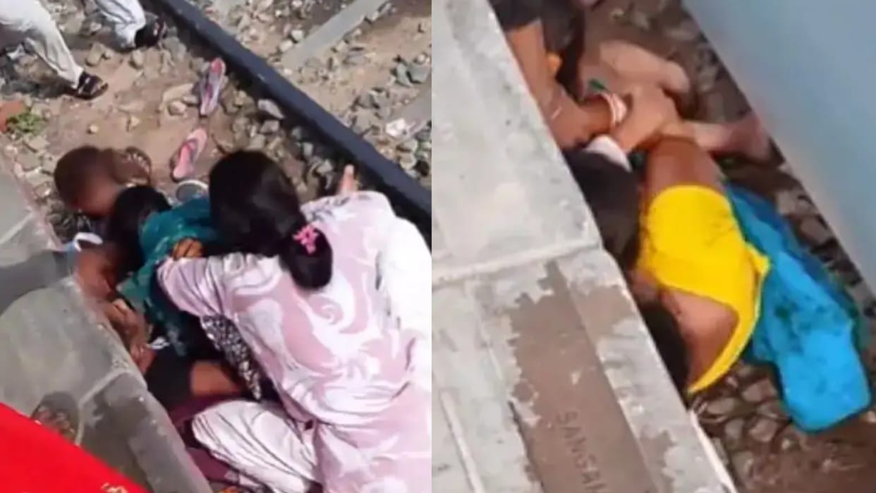 mother saves children from running train on railway track viral video bihar samastipur