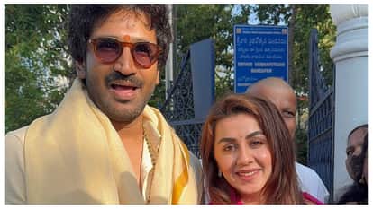 Aadhi Pinisetty with wife Nikki Galrani offer prayers at Tirumala Venkateswara temple