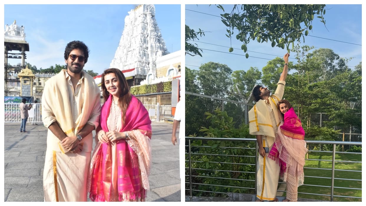 Aadhi Pinisetty with wife Nikki Galrani offer prayers at Tirumala Venkateswara temple