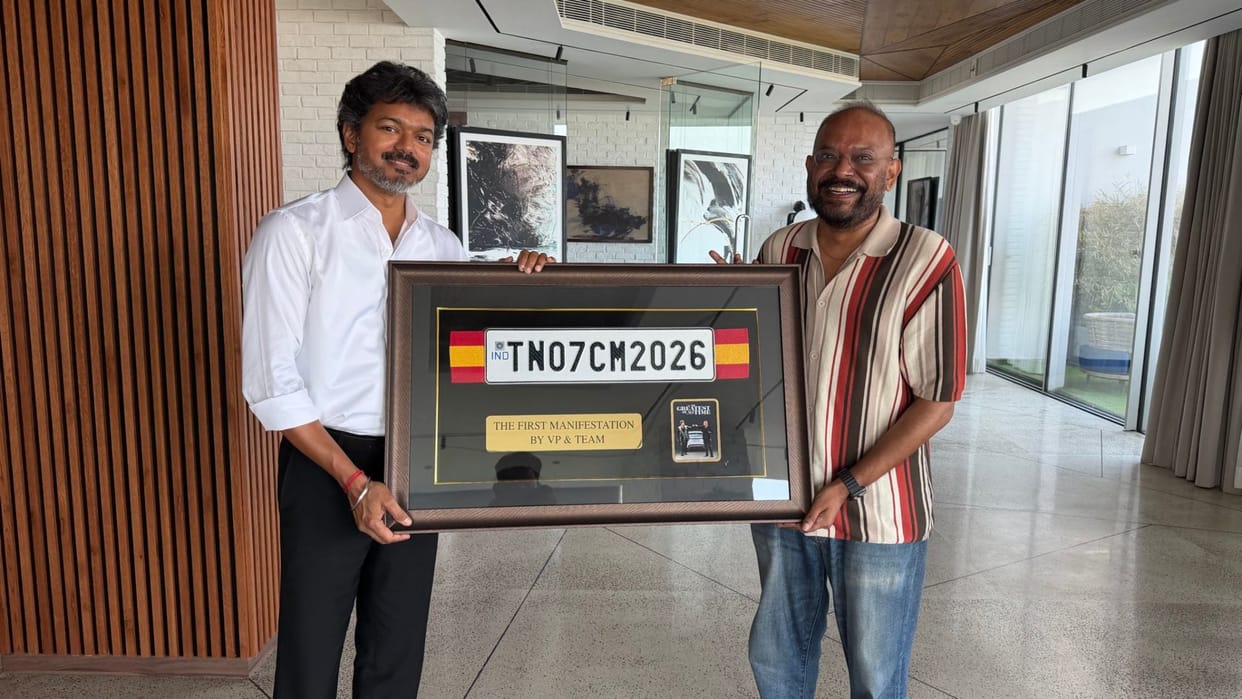 GOAT maker Venkat Prabhu gifts CM Vijay number plate from film pics goes viral