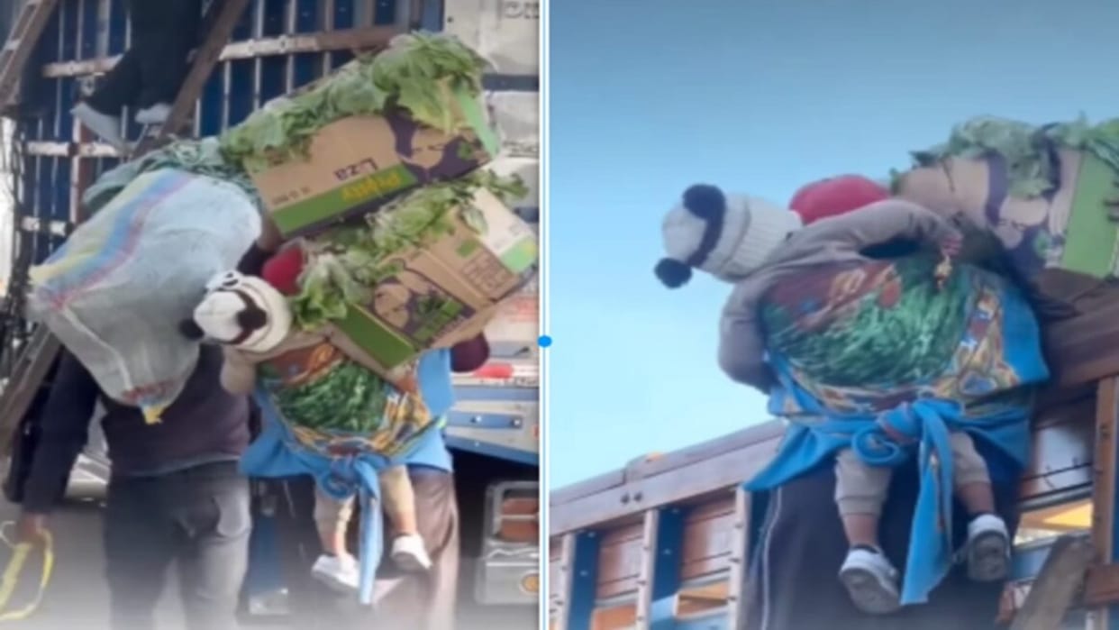 Viral video mother carries baby on back with vegetable baskets on head runs to load truck