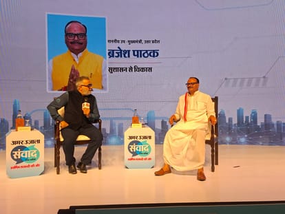 Samwad 2026 Day 2: Akhilesh Yadav, Brajesh Pathak, Keshav Prasad and Varun Dhawan.