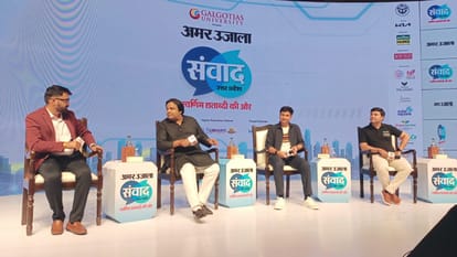 Samwad 2026 Day 2: Akhilesh Yadav, Brajesh Pathak, Keshav Prasad and Varun Dhawan.