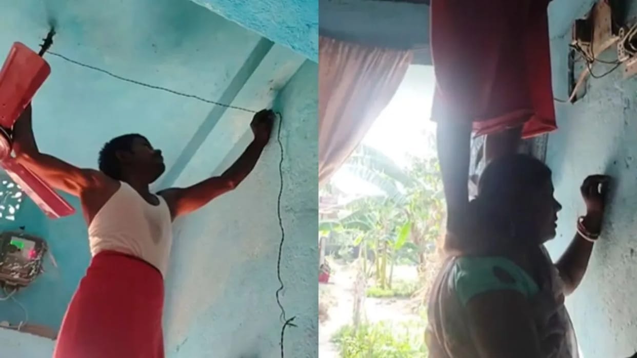 The man was standing on his wife's shoulders and fixing the fan video goes viral
