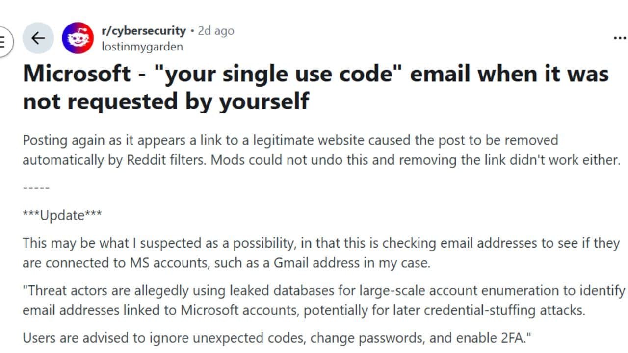 microsoft single use recovery code email phishing scam alert