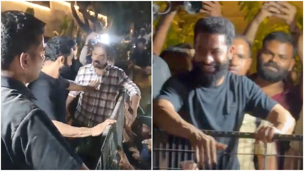 junior NTR celebrates his 43rd birthday security team misbehaves with fans gather outside his home